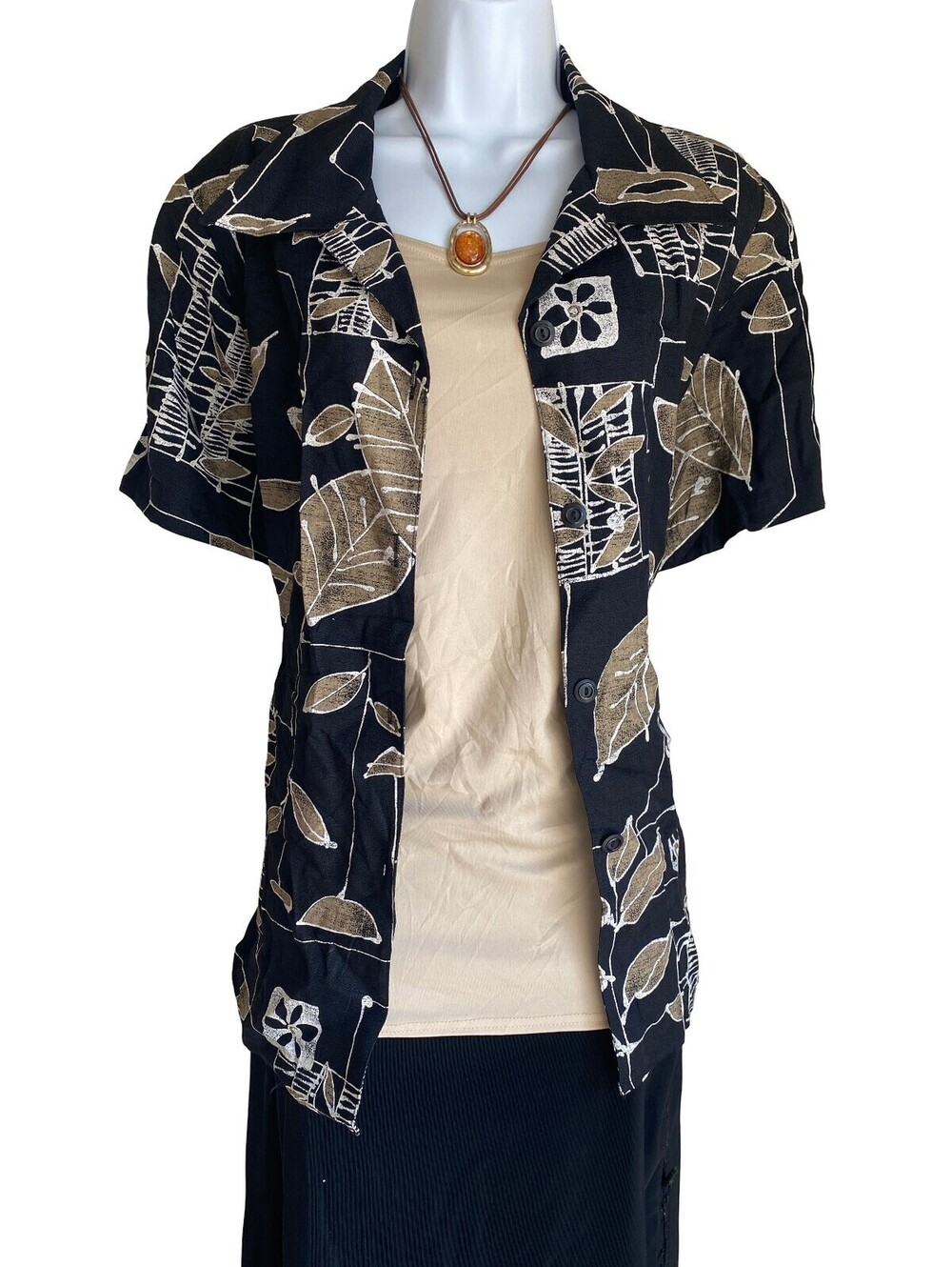 VTG NYCC Women's Plus Size 1X Black Tan Floral Button Up Blouse Whimsigoth Boho